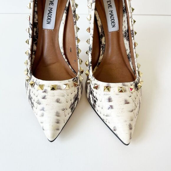Steve Madden Proto Python Studded Leather Heels Pumps Pointed Toe Cream Size 5.5 - Picture 11 of 13